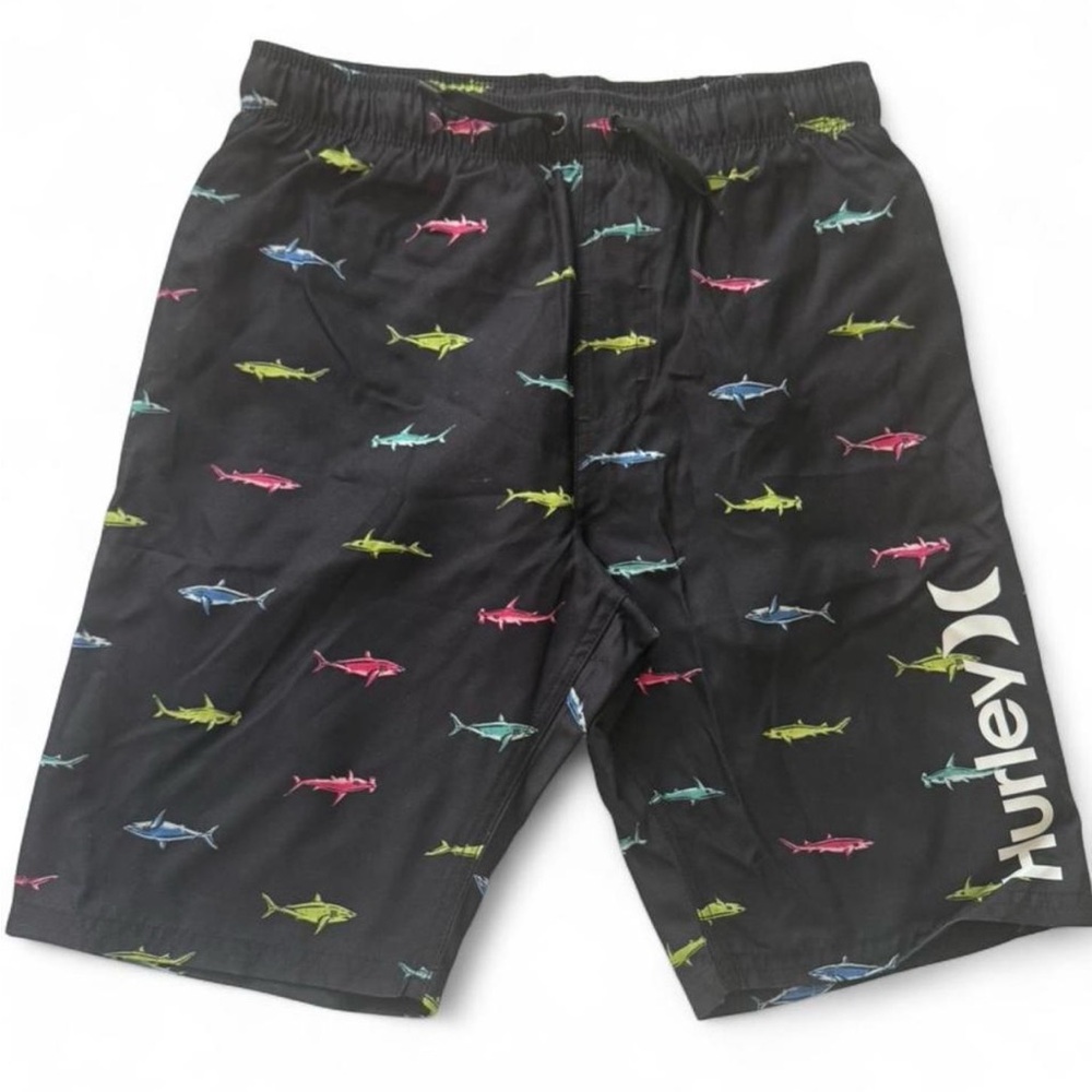 NWT Hurley Boys Black Shark Print Swim Trunks | Size M Elastic Waist